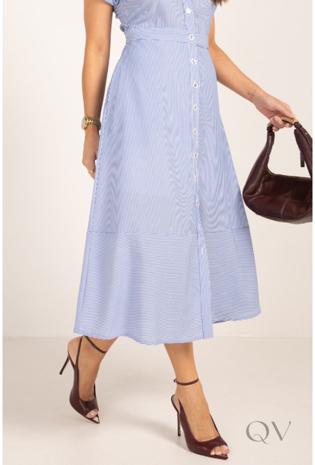 VESTIDO CHEMISE MIDI LISTRADO MANGA CURTA EM TRICOLINE AZUL - LEKAZIS