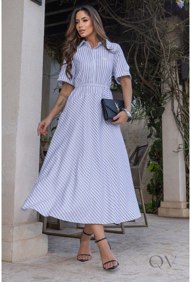 VESTIDO CHEMISE MIDI POLO EM TRICOLINE LISTRADO - LUZIA FAZZOLLI