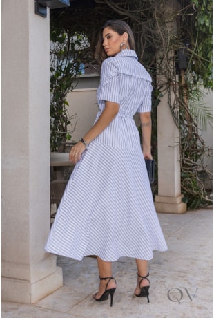 VESTIDO CHEMISE MIDI POLO EM TRICOLINE LISTRADO - LUZIA FAZZOLLI