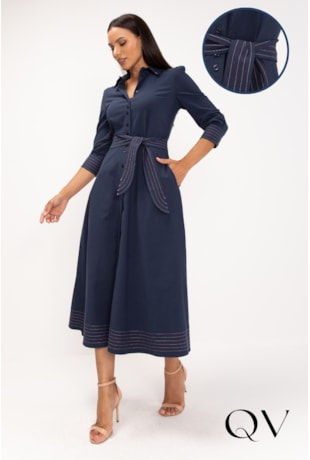 VESTIDO CHEMISE PESPONTADO EM TRICOLINE AZUL MARINHO - LEKAZIS