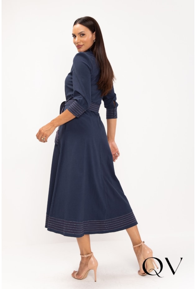 VESTIDO CHEMISE PESPONTADO EM TRICOLINE AZUL MARINHO - LEKAZIS VESTIDO CHEMISE PESPONTADO EM TRICOLINE AZUL MARINHO - LEKAZIS