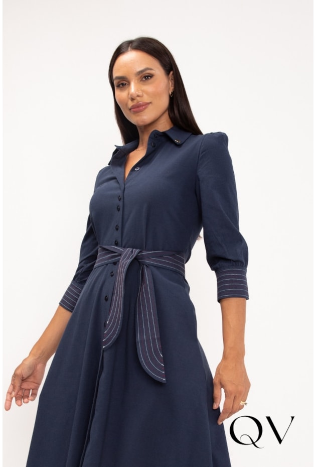 VESTIDO CHEMISE PESPONTADO EM TRICOLINE AZUL MARINHO - LEKAZIS