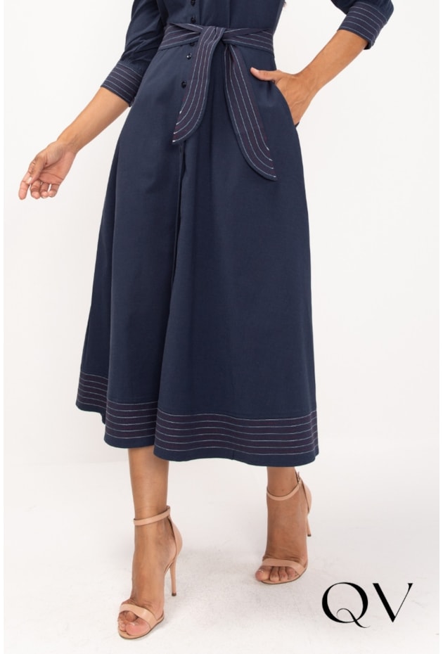 VESTIDO CHEMISE PESPONTADO EM TRICOLINE AZUL MARINHO - LEKAZIS