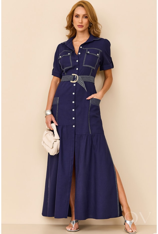 VESTIDO CHEMISE PESPONTADO EM VISCOLINHO AZUL MARINHO - ARTSY VESTIDO CHEMISE PESPONTADO EM VISCOLINHO AZUL MARINHO - ARTSY