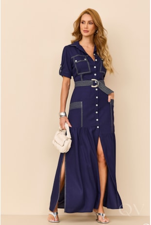 VESTIDO CHEMISE PESPONTADO EM VISCOLINHO AZUL MARINHO - ARTSY