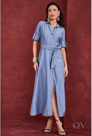 VESTIDO CHEMISE PESPONTO EM VISCOSE AZUL - ARTSY