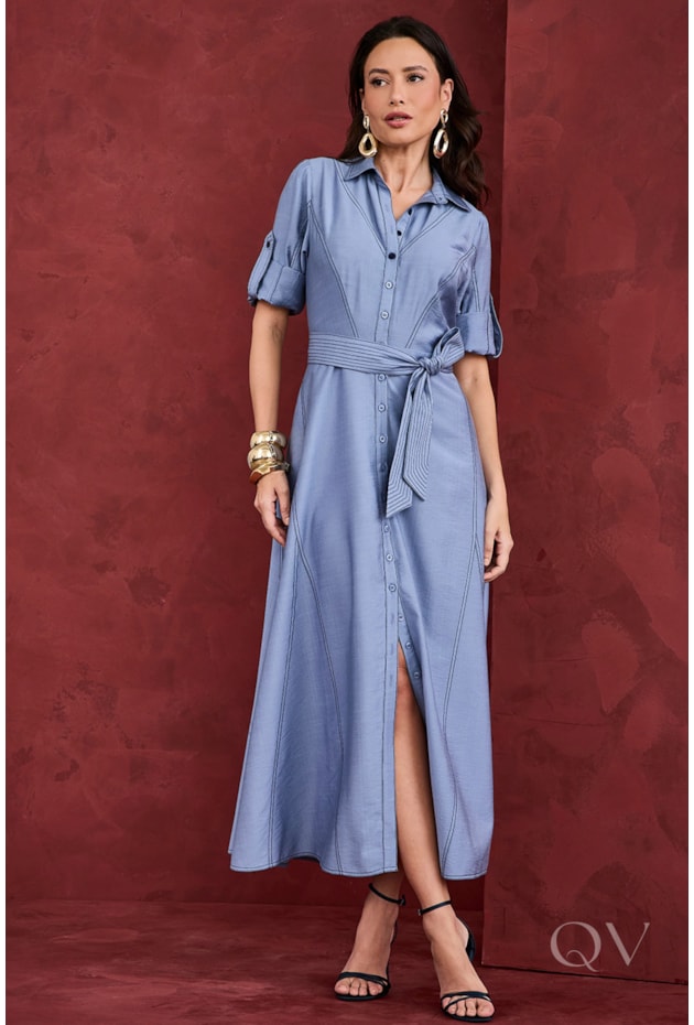 VESTIDO CHEMISE PESPONTO EM VISCOSE AZUL - ARTSY