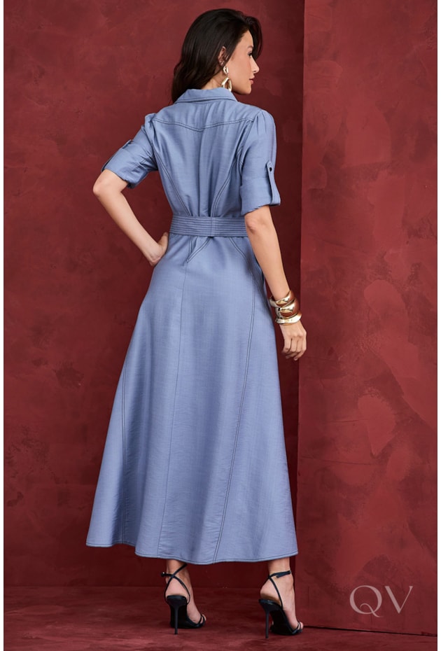 VESTIDO CHEMISE PESPONTO EM VISCOSE AZUL - ARTSY