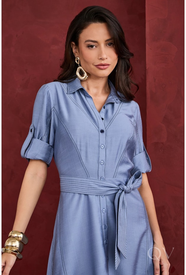 VESTIDO CHEMISE PESPONTO EM VISCOSE AZUL - ARTSY