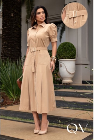 VESTIDO CHEMISE POLO MIDI EM ALFAIATARIA BEGE - LUZIA FAZZOLLI