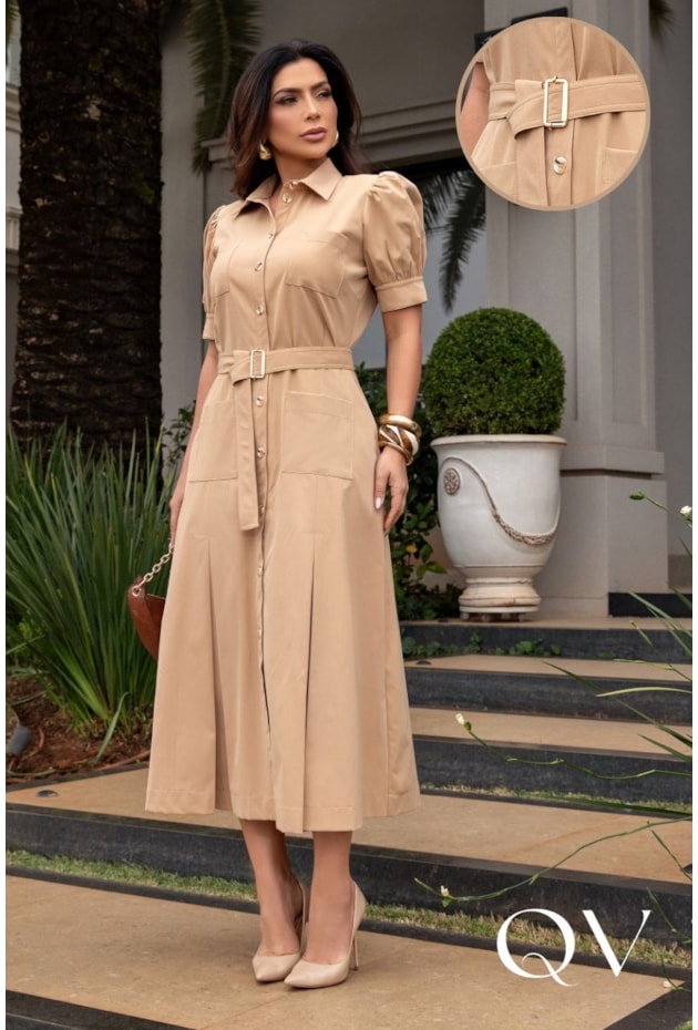 VESTIDO CHEMISE POLO MIDI EM ALFAIATARIA BEGE - LUZIA FAZZOLLI