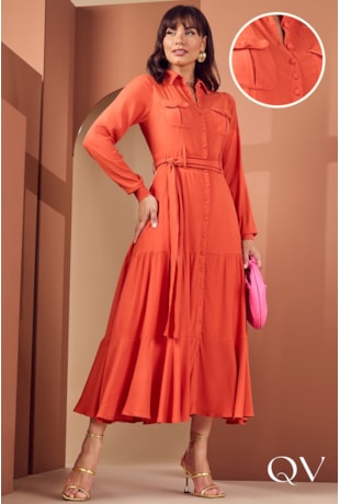 VESTIDO CHEMISIE COM BOLSOS FRONTAIS LARANJA - JANY PIM