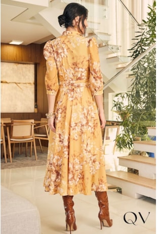 VESTIDO CHEMISIE GODÊ FLORAL AMARELO MOSTARDA - JANY PIM