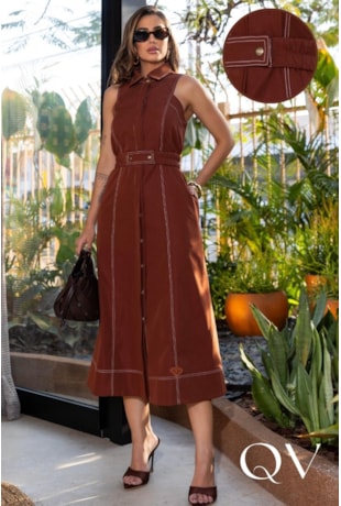 VESTIDO CHEMISIE MIDI EM ALFAIATARIA MARROM - LUZIA FAZZOLLI
