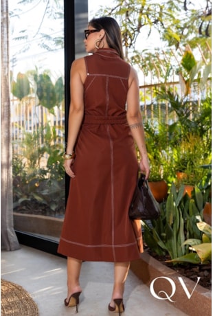 VESTIDO CHEMISIE MIDI EM ALFAIATARIA MARROM - LUZIA FAZZOLLI