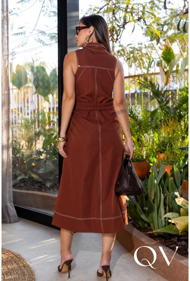 VESTIDO CHEMISIE MIDI EM ALFAIATARIA MARROM - LUZIA FAZZOLLI