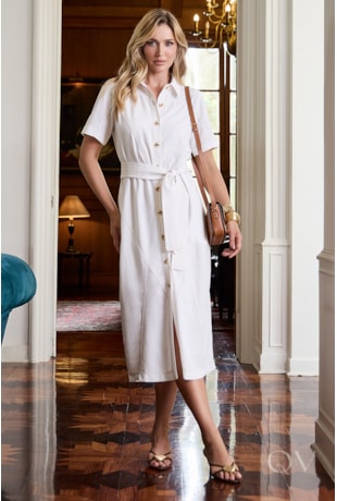 VESTIDO CHEMISIER COM RECORTES E PESPONTOS EM LINHO OFF WHITE - LUZIA FAZZOLLI