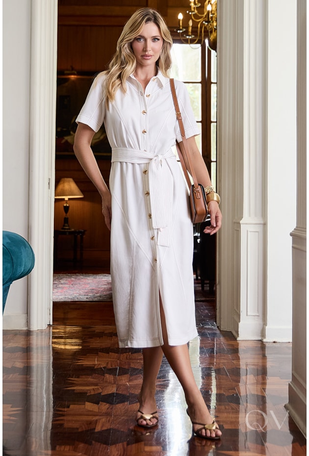 VESTIDO CHEMISIER COM RECORTES E PESPONTOS EM LINHO OFF WHITE - LUZIA FAZZOLLI