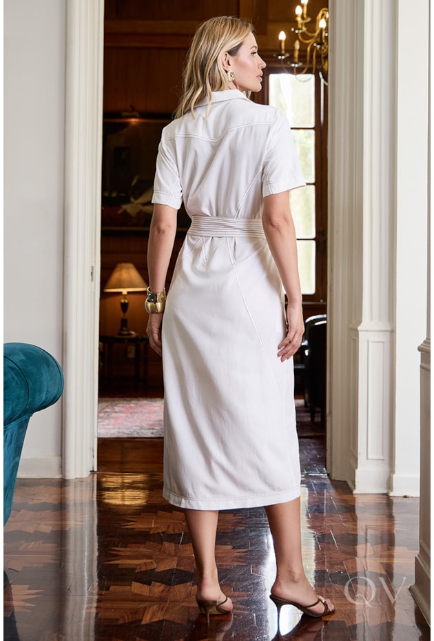 VESTIDO CHEMISIER COM RECORTES E PESPONTOS EM LINHO OFF WHITE - LUZIA FAZZOLLI