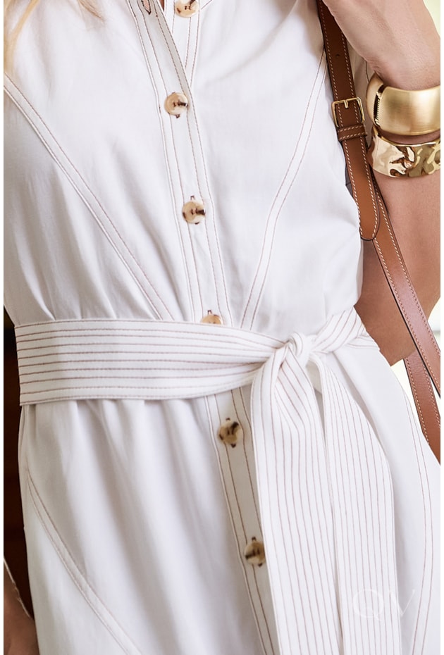 VESTIDO CHEMISIER COM RECORTES E PESPONTOS EM LINHO OFF WHITE - LUZIA FAZZOLLI