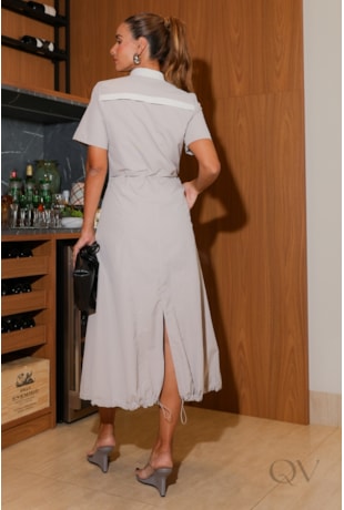 VESTIDO CHEMISIER COM ZÍPER EM POLIÉSTER CINZA CLARO - LUZIA FAZZOLLI