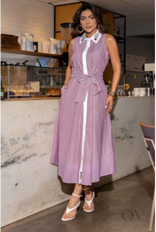 VESTIDO CHEMISIER GOLA BORDADA EM TRICOLINE LISTRADO - LUZIA FAZZOLLI