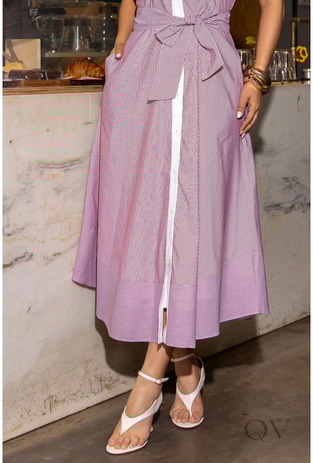 VESTIDO CHEMISIER GOLA BORDADA EM TRICOLINE LISTRADO - LUZIA FAZZOLLI