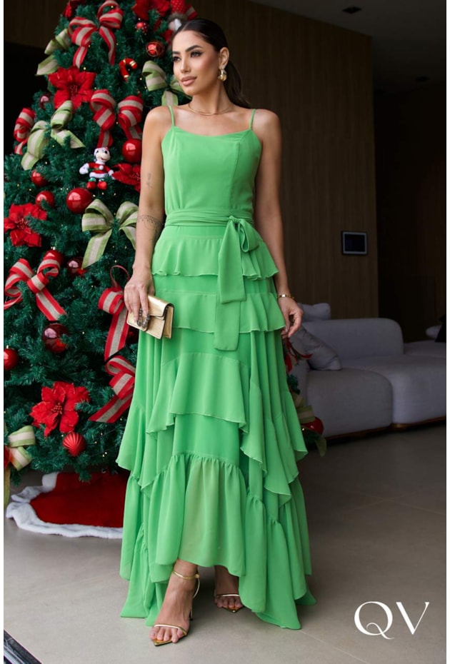VESTIDO CHIFFON COM BABADOS CAMPOSE VERDE - LUZIA FAZZOLLI