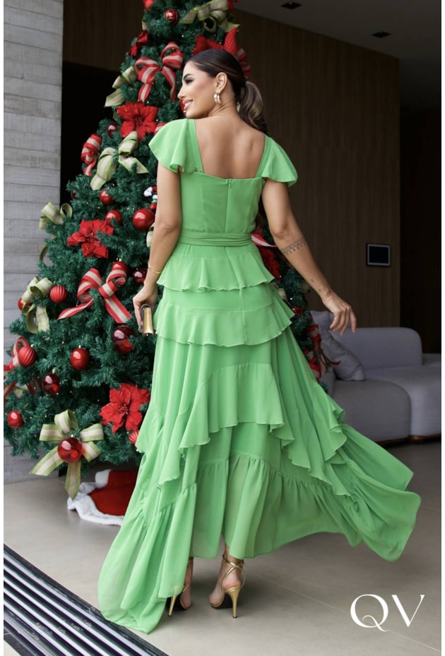 VESTIDO CHIFFON COM BABADOS CAMPOSE VERDE - LUZIA FAZZOLLI