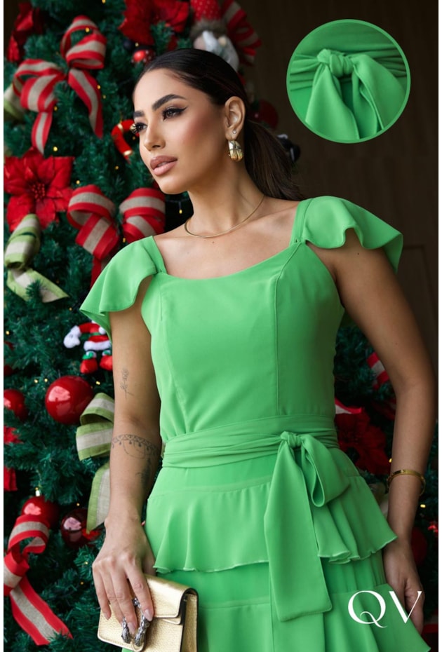 VESTIDO CHIFFON COM BABADOS CAMPOSE VERDE - LUZIA FAZZOLLI