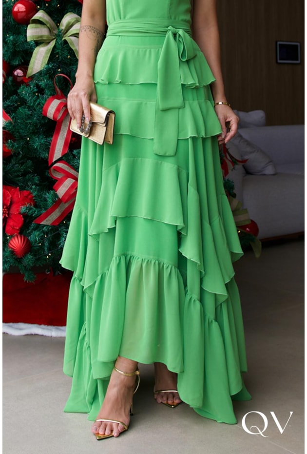 VESTIDO CHIFFON COM BABADOS CAMPOSE VERDE - LUZIA FAZZOLLI