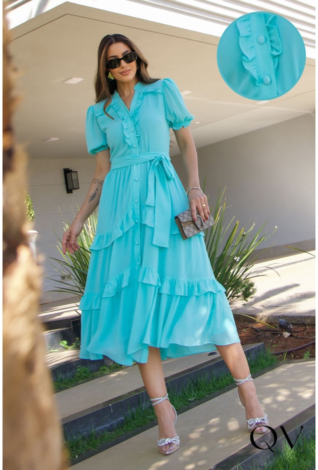 Vestido Chiffon Com Babados Turquesa Luzia Fazzolli QVestido
