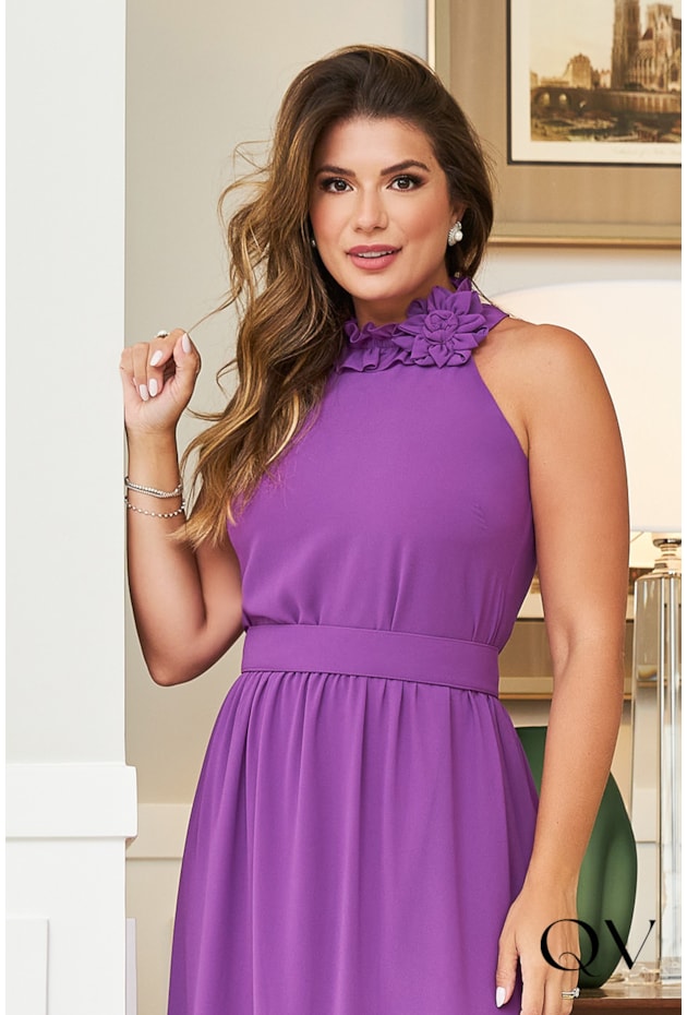 VESTIDO CHIFFON COM BROCHE FLOR ROXO - LUZIA FAZZOLLI