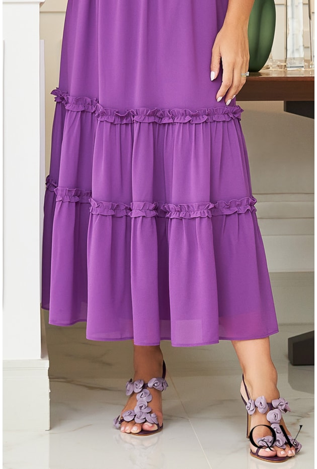 VESTIDO CHIFFON COM BROCHE FLOR ROXO - LUZIA FAZZOLLI