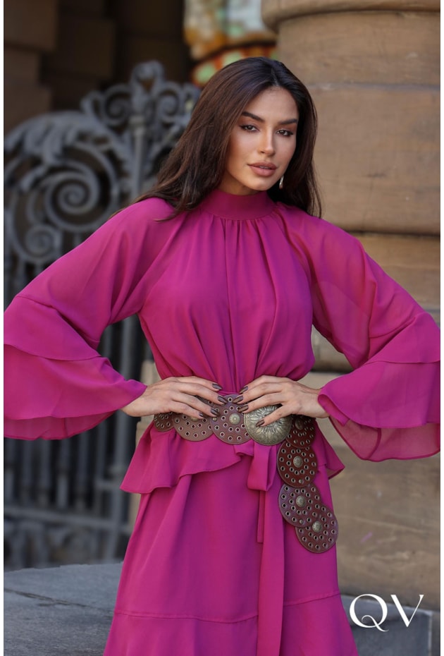 VESTIDO CHIFFON COM CAPA UVA - LUZIA FAZZOLLI