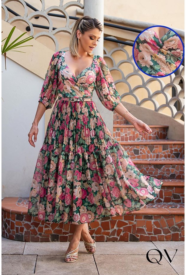 Vestido Chiffon Detalhe Plissado Floral Luzia Fazzolli Moda Executiva  Feminina - QVestido