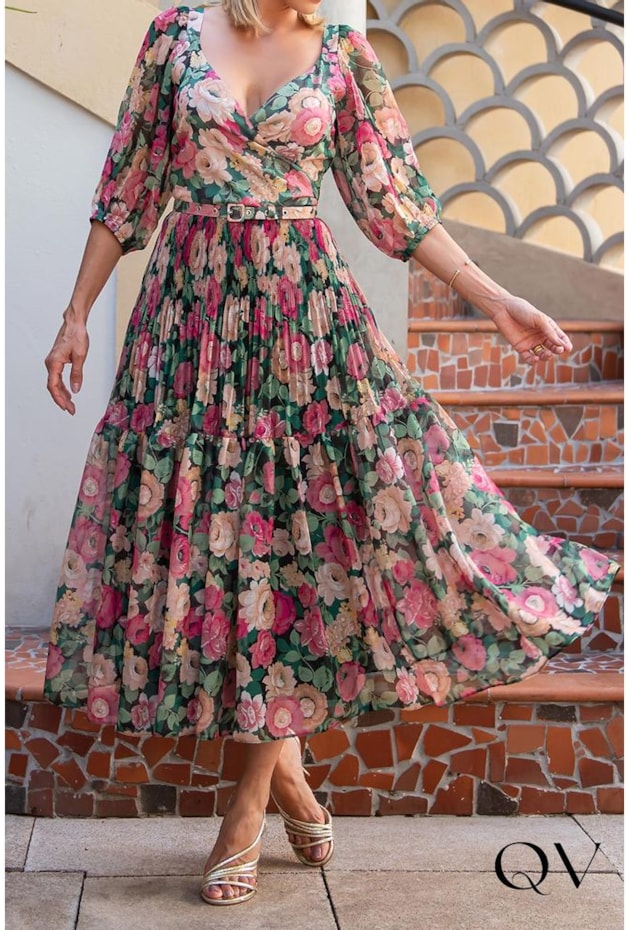 VESTIDO CHIFFON DETALHE PLISSADO FLORAL - LUZIA FAZZOLLI