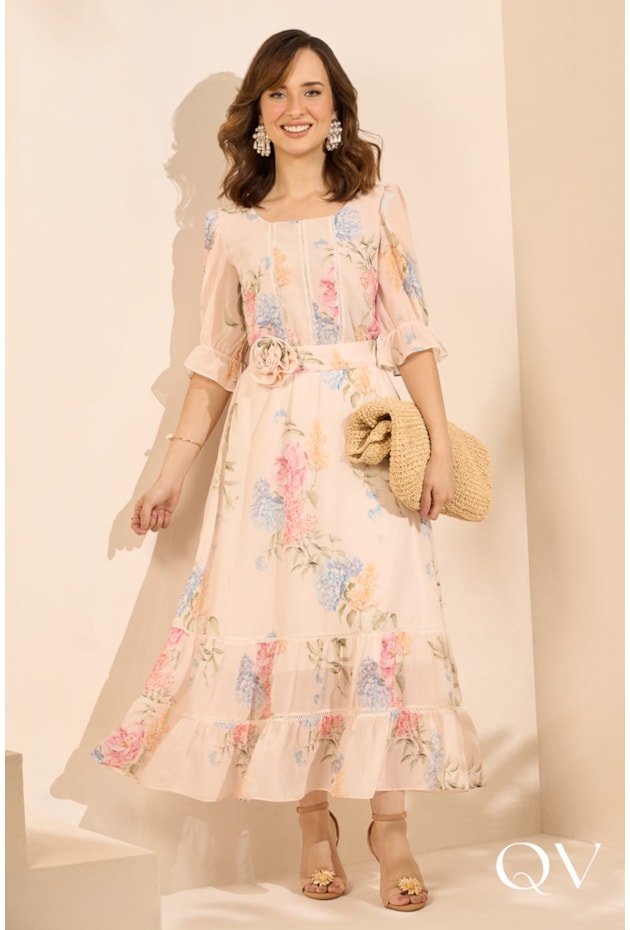 VESTIDO CHIFFON FLORAL EM CREME - JANY PIM