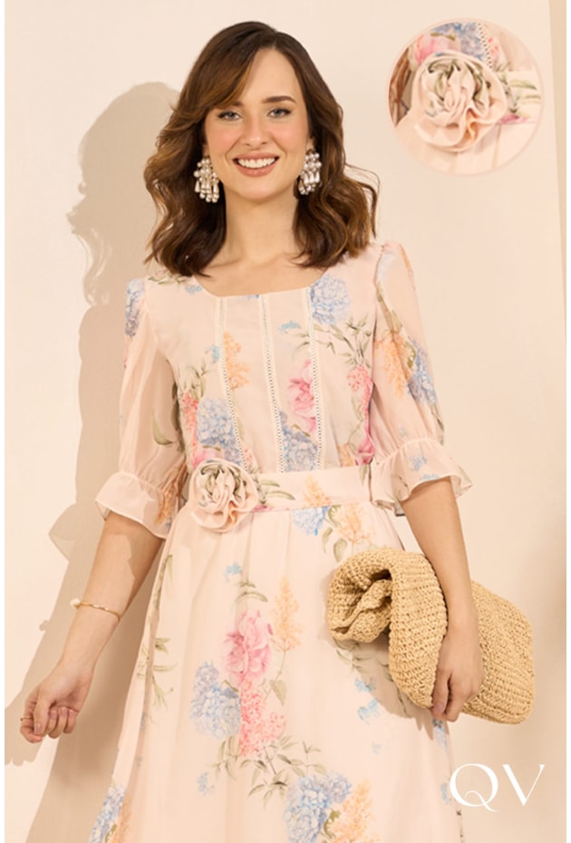 VESTIDO CHIFFON FLORAL EM CREME - JANY PIM