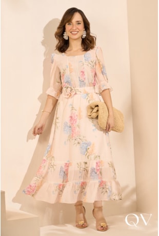 VESTIDO CHIFFON FLORAL EM CREME - JANY PIM