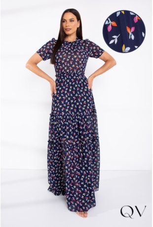 VESTIDO CHIFFON LONGO FLORAL MARINHO - LEKAZIS
