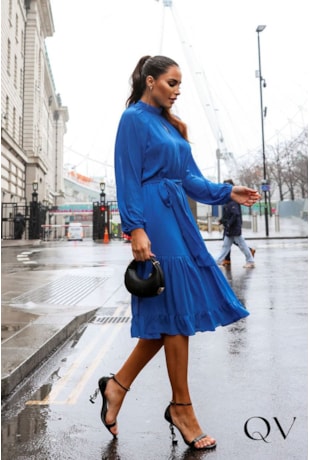 VESTIDO CHIFFON MANGA LONGA AZUL - LUZIA FAZZOLLI