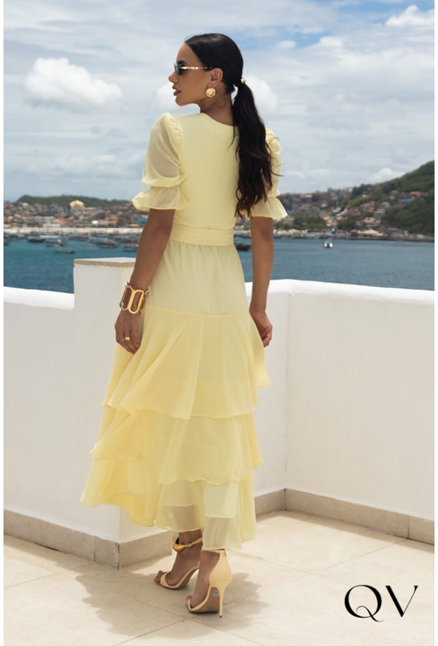 VESTIDO CHIFFON MAX MIDI BABADOS AMARELO - JANY PIM