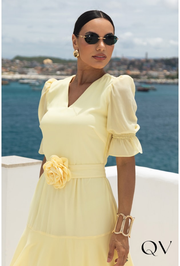 VESTIDO CHIFFON MAX MIDI BABADOS AMARELO - JANY PIM
