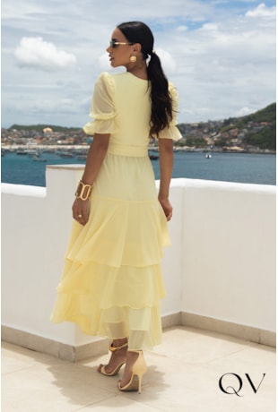 VESTIDO CHIFFON MAX MIDI BABADOS AMARELO - JANY PIM