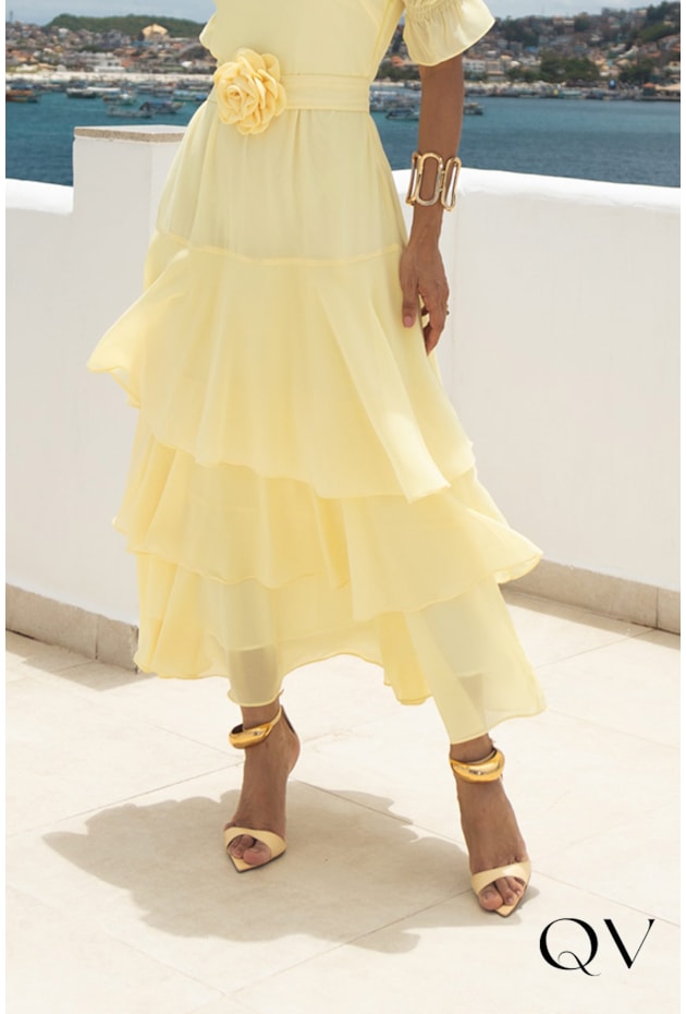 VESTIDO CHIFFON MAX MIDI BABADOS AMARELO - JANY PIM