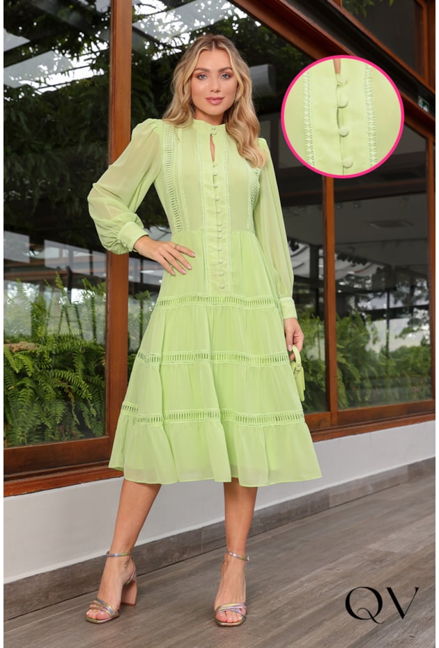 Vestido Chiffon Midi Com Entremeios Verde Luzia Fazzolli Moda