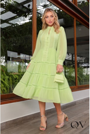 VESTIDO CHIFFON MIDI COM ENTREMEIOS VERDE - LUZIA FAZZOLLI