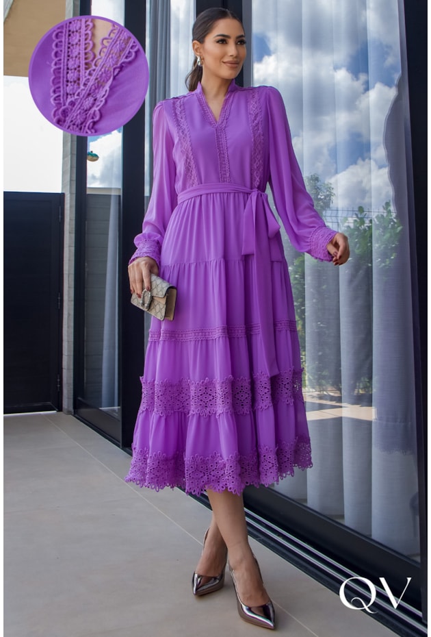 VESTIDO CHIFFON MIDI ROXO - LUZIA FAZZOLLI
