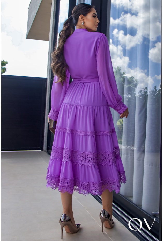 VESTIDO CHIFFON MIDI ROXO - LUZIA FAZZOLLI